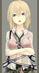 Rule 34 | 1girl, :o, belt, black necktie, blonde hair, blue eyes, bra, breasts, btooom!, camouflage, crossed arms, head tilt, highres, himiko (btooom!), long image, looking at viewer, navel, necktie, open clothes, open mouth, open shirt, panties, see-through, shirt, short sleeves, simple background, skirt, sleeves rolled up, solo, standing, tall image, underwear, wet, wet clothes, yukima (yushika)