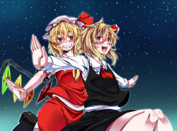 Rule 34 | 2girls, blonde hair, blush, flandre scarlet, hair ribbon, hat, hat ribbon, kuon846, kuon yashiro, multiple girls, night, night sky, outstretched arms, red eyes, ribbon, rumia, sky, touhou, wings