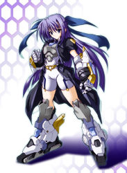 Rule 34 | 00s, 1girl, alternate weapon, armor, armored boots, belt, blitz caliber, boots, buckle, full body, ginga nakajima, hexagon, honeycomb (pattern), honeycomb background, honeycomb pattern, long hair, looking at viewer, lyrical nanoha, mahou shoujo lyrical nanoha, mahou shoujo lyrical nanoha strikers, revolver knuckle, simple background, solo, standing, thigh boots, thighhighs, very long hair, weapon, white background