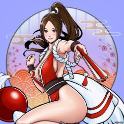 Rule 34 | 1girl, ai shou, artist name, blush, breasts, brown eyes, brown hair, clenched hand, fatal fury, folded fan, folding fan, hand fan, highres, holding, holding fan, large breasts, long hair, looking at viewer, parted bangs, ponytail, revealing clothes, shiranui mai, smile, snk, solo, the king of fighters, thighs