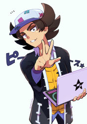 Rule 34 | 1boy, black eyes, black jacket, black pants, bright pupils, brown hair, collared shirt, commentary request, computer, creatures (company), eyeshadow, game freak, giacomo (pokemon), grin, hat, highres, holding, holding laptop, jacket, laptop, looking at viewer, makeup, male focus, nintendo, notice lines, nyoripoke, open clothes, open jacket, pants, pointy hair, pokemon, pokemon sv, shirt, smile, solo, star (symbol), star print, teeth, vest, w, white background, white hat, white pupils, yellow vest