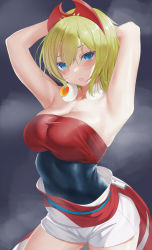 Rule 34 | 1girl, absurdres, armpits, arms behind head, bare shoulders, blonde hair, blue eyes, breasts, cleavage, commentary request, creatures (company), game freak, hair between eyes, highres, irida (pokemon), large breasts, lips, looking at viewer, nintendo, parted lips, pokemon, pokemon legends: arceus, ratsuku kinoko, short hair, shorts, solo, sweat, white shorts