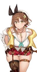 Rule 34 | 1girl, akatsuki ikki, atelier (series), atelier ryza, atelier ryza 2, belt, beret, boots, braid, breasts, brown belt, brown eyes, brown hair, brown legwear, cleavage, closed mouth, collarbone, commentary, earrings, fingerless gloves, gloves, hair ornament, hat, highres, jewelry, key, key necklace, large breasts, leaning forward, looking at viewer, necklace, red shorts, reisalin stout, short hair, short shorts, shorts, side braid, skindentation, solo, star (symbol), star earrings, thick thighs, thighs, white hat, white legwear