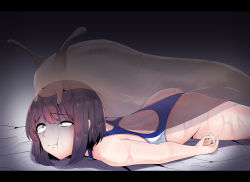 Rule 34 | 1girl, absurdres, ass, bestiality, black hair, bug, cheek bulge, closed mouth, constricted pupils, crying, crying with eyes open, gradient hair, highres, multicolored hair, one-piece swimsuit, prone bone, rape, sex, sex from behind, short hair, slime (substance), slug, swimsuit, tears, turn pale, uneven eyes