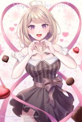 Rule 34 | 1girl, :d, ahoge, akamatsu kaede, alternate costume, artist name, bare shoulders, black bow, blonde hair, blush, bow, breasts, candy, chocolate, chocolate heart, cleavage, collarbone, commentary, cowboy shot, danganronpa (series), danganronpa v3: killing harmony, dress, food, fortissimo, frills, hair ornament, happy valentine, heart, heart ahoge, heart hands, heart print, highres, large breasts, long hair, looking at viewer, musical note, musical note hair ornament, nabekokoa, open mouth, purple eyes, short sleeves, smile, solo, striped clothes, striped dress, symbol-only commentary, valentine