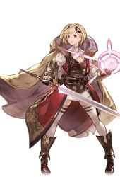 Rule 34 | 10s, 1girl, armor, belt, belt pouch, blonde hair, boots, breastplate, brown eyes, cape, collar, djeeta (granblue fantasy), full body, gauntlets, granblue fantasy, headband, holding, holding weapon, hood, looking afar, looking away, magic, minaba hideo, official art, open mouth, pouch, skirt, solo, sword, thighhighs, transparent background, weapon, white thighhighs, zettai ryouiki