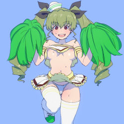 Rule 34 | 1girl, alternate costume, anchovy (girls und panzer), areola slip, armband, black ribbon, blue background, blue panties, blush, bouncing breasts, breasts, cheerleader, clothes lift, commentary, cowboy shot, cross-laced footwear, dixie cup hat, double horizontal stripe, drill hair, frilled skirt, frills, girls und panzer, green hair, hair ribbon, hat, highres, holding, holding pom poms, lace, lace-trimmed shirt, lace trim, leg up, long hair, looking at viewer, medium breasts, military hat, miniskirt, navel, onsen tamago (hs egg), open mouth, panties, pantyshot, pleated skirt, pom pom (cheerleading), pom poms, red eyes, ribbon, shirt, shirt lift, shoes, simple background, skirt, smile, solo, standing, standing on one leg, strapless, string panties, sweat, thigh gap, thighhighs, tilted headwear, tube top, twin drills, twintails, underwear, w arms, white footwear, white hat, white shirt, white skirt, white thighhighs
