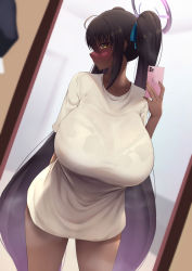 Rule 34 | 1girl, alternate breast size, animal print, black hair, blue archive, blush, breasts, cellphone, collarbone, cow print, dark-skinned female, dark skin, dearonnus, halo, highres, huge breasts, karin (blue archive), long hair, looking at viewer, phone, see-through, shirt, short sleeves, solo, thighs, twintails, white shirt, yellow eyes