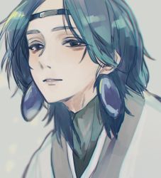 Rule 34 | 1boy, black eyes, blue hair, chinese clothes, chromatic aberration, earrings, grey background, jewelry, lanxi zhen, laojun (the legend of luoxiaohei), long hair, looking at viewer, parted lips, portrait, robe, simple background, smile, solatky, solo, luo xiaohei zhanji