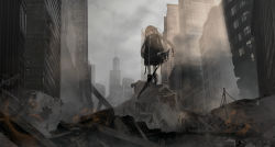 Rule 34 | 1girl, boots, brown hair, building, city, gomi (illlxxxo), highres, jacket, long hair, original, outdoors, polearm, rubble, ruins, scenery, skyscraper, solo, spear, standing, twintails, weapon