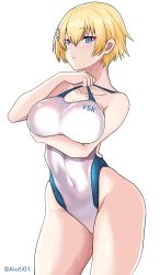 Rule 34 | 1girl, absurdres, aiuti, blonde hair, blue eyes, breasts, clothes writing, collarbone, competition swimsuit, contrapposto, cowboy shot, girls&#039; frontline, highleg, highleg swimsuit, highres, large breasts, mole, mole under eye, one-piece swimsuit, short hair, simple background, solo, standing, swimsuit, twitter username, vsk-94 (girls&#039; frontline), white background, white one-piece swimsuit