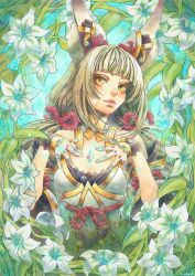 Rule 34 | 1girl, animal ear fluff, animal ears, artist name, bell, breasts, cat ears, commentary, detached sleeves, english commentary, eyelashes, facial mark, flower, glint, gloves, highres, jingle bell, leaf, medium hair, nia (xenoblade), obi, orange eyes, parted lips, sash, small breasts, solo, vvbert, white flower, white gloves, wide sleeves, xenoblade chronicles (series), xenoblade chronicles 2, xenoblade chronicles 3
