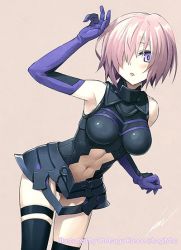 Rule 34 | 1girl, armor, black thighhighs, blue eyes, blue gloves, blush, breasts, elbow gloves, fate/grand order, fate (series), gloves, hair over one eye, konoe ototsugu, mash kyrielight, navel, parted lips, purple hair, short hair, solo, thighhighs