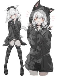Rule 34 | 1girl, animal ears, animal hood, black bow, black gloves, black shorts, blush, bow, cardigan, facial mark, final fantasy, final fantasy xiv, fingerless gloves, gloves, hair bow, highres, hood, hood up, hooded cardigan, inu nu, long hair, long sleeves, looking at viewer, miqo&#039;te, multiple views, open mouth, pink eyes, short shorts, shorts, simple background, sitting, solo, striped clothes, striped thighhighs, tail, thighhighs, warrior of light (ff14), whisker markings, white background, white hair