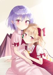 Rule 34 | 2girls, :/, ascot, bad id, bad pixiv id, bat wings, blonde hair, blouse, blue hair, blush, brooch, commentary, expressionless, flandre scarlet, gradient background, hair between eyes, hair ribbon, hand on lap, head on chest, jewelry, light particles, looking at viewer, medium hair, multiple girls, nibosi, no headwear, one side up, parted lips, pink shirt, pink skirt, pointy ears, puffy short sleeves, puffy sleeves, red ascot, red eyes, red skirt, red vest, remilia scarlet, ribbon, shirt, short hair, short sleeves, siblings, sisters, sitting, skirt, skirt set, touhou, vest, white background, wings, yellow ascot