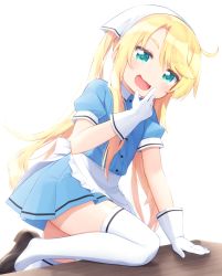 Rule 34 | 1girl, :d, apron, arm support, blend s, blonde hair, blue shirt, blue skirt, brown footwear, collared shirt, commentary request, cosplay, dress shirt, frilled apron, frills, gloves, goribote, green eyes, hair between eyes, hand to own mouth, hand up, head scarf, himesaka noa, hinata kaho, hinata kaho (cosplay), kitou akari, long hair, open mouth, pleated skirt, puffy short sleeves, puffy sleeves, revision, shirt, shoes, short sleeves, simple background, skirt, smile, solo, stile uniform, thighhighs, twintails, uniform, very long hair, voice actor connection, waist apron, waitress, watashi ni tenshi ga maiorita!, white apron, white background, white gloves, white thighhighs