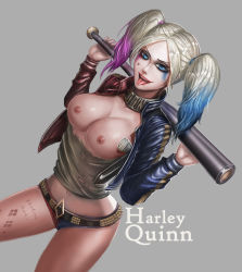 Rule 34 | 1girl, absurdres, badcompzero, baseball bat, batman (series), belt, blonde hair, blue eyes, body writing, breasts, character name, choker, dc comics, dccu, dyed hair, gun, harley quinn, highres, holster, jacket, multicolored hair, nipples, shorts, shoulder holster, simple background, solo, studded belt, suicide squad, tongue, topless, torn clothes, twintails, weapon