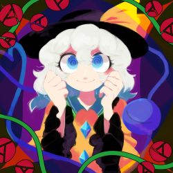 Rule 34 | 1girl, @ @, absurdres, bow, clenched hands, commentary, eyeball, flower, furukawa (yomawari), hair between eyes, hat, hat bow, highres, komeiji koishi, looking at viewer, one eye closed, plant, rose, smile, solo, @ @, third eye, touhou, translation request, upper body, vines, white hair, wide sleeves, yellow bow