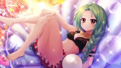 Rule 34 | 1girl, arm cuffs, barefoot, bikini, black bikini, braid, braided ponytail, breasts, closed mouth, crossed legs, detached collar, dot nose, dutch angle, evening, film grain, flower, flower on liquid, forehead, game cg, green hair, hand on own knee, horizon, izumi tsubasu, legs, lens flare, long braid, looking at viewer, medium breasts, navel, non-web source, official art, outdoors, purple flower, re:stage!, reclining, red flower, shirokita kuroha, single braid, smile, solo, sparkle, sun, sunset, swimsuit, thighs, toes, water, white flower, yellow eyes, yellow flower