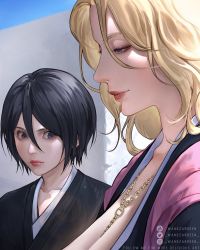 Rule 34 | 2girls, artist name, black hair, black kimono, bleach, bleach: sennen kessen-hen, blonde hair, blue eyes, breast envy, breasts, chain necklace, closed mouth, english text, hair between eyes, highres, japanese clothes, jewelry, kimono, kuchiki rukia, large breasts, light smile, lips, looking at another, looking at breasts, matsumoto rangiku, multiple girls, necklace, red lips, short hair, smile, wandzardeen, watermark, web address