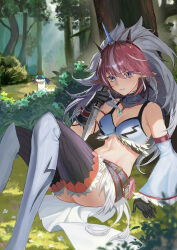 Rule 34 | 1girl, arknights, bare shoulders, black gloves, blue eyes, breasts, brown hair, cleavage, commentary request, crop top, dagger, detached sleeves, feet out of frame, forest, gloves, highres, holding, holding dagger, holding knife, holding weapon, horns, kirin r yato (arknights), knees up, knife, long sleeves, longyu (17767756), looking at viewer, medium breasts, midriff, monster hunter (series), nature, navel, outdoors, reverse grip, sitting, solo, stomach, thighhighs, thighs, weapon, yato (arknights)