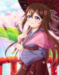 Rule 34 | 1girl, absurdres, aqua eyes, artist name, artist request, blue eyes, blue kimono, blue sky, blush, bow, breasts, brown hair, capelet, cloud, day, female focus, hair between eyes, hair bow, hakama, hakama skirt, highres, holding, holding umbrella, japanese clothes, kimono, long hair, looking at viewer, looking up, love live!, love live! nijigasaki high school idol club, love live! school idol festival, osaka shizuku, outdoors, parted lips, pink capelet, pink petals, ponytail, red bow, red hakama, red ribbon, red umbrella, ribbon, skirt, sky, smile, solo, striped clothes, striped kimono, umbrella, vertical-striped clothes, vertical-striped kimono