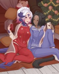 Rule 34 | 2girls, :d, animal ears, au ra, warrior of light (ff14), black hair, blonde hair, blush, braid, braided bangs, braided ponytail, breasts, cat ears, christmas, christmas tree, closed mouth, commentary, commission, cup, dark-skinned female, dark skin, english commentary, closed eyes, final fantasy, final fantasy xiv, fingernails, freckles, highres, holding, holding cup, horns, large breasts, looking at another, miqo&#039;te, mug, multiple girls, multiple horns, nail polish, on floor, open mouth, original, pajamas, ponytail, purple pajamas, red eyes, red nails, red pajamas, rug, shellvi, side-by-side, sitting, smile, teeth, upper teeth only, yokozuwari
