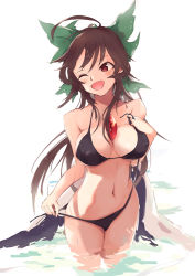 Rule 34 | 1girl, ;d, ahoge, bare arms, bare shoulders, between breasts, bikini, bikini pull, black bikini, blush, bow, breasts, brown hair, cleavage, clothes pull, collarbone, covered erect nipples, cowboy shot, dripping, fang, green bow, hair bow, large breasts, long hair, looking to the side, navel, one eye closed, open mouth, pulling own clothes, red eyes, reflection, reiuji utsuho, simple background, smile, solo, standing, stomach, swimsuit, tareme, tetsurou (fe+), third eye, tooth, touhou, undressing, very long hair, wading, water, water drop, wet, white background
