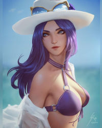 Rule 34 | 1girl, bikini, blouse, blurry, blurry background, breasts, caitlyn (league of legends), cleavage, closed mouth, day, eyewear on headwear, from side, front-tie bikini top, front-tie top, hat, highres, large breasts, league of legends, lips, long hair, looking to the side, o-ring, o-ring bikini, off shoulder, open clothes, open shirt, pool party caitlyn, profile, purple eyes, purple hair, raikoart, signature, solo, sun hat, sunglasses, swimsuit, watermark, wind
