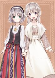 Rule 34 | 2girls, :d, alternate costume, blush, eila ilmatar juutilainen, finnish clothes, green eyes, highres, holding hands, long hair, matsuryuu, multiple girls, open mouth, purple eyes, sanya v. litvyak, short hair, silver hair, slavic clothes, smile, strike witches, traditional clothes, world witches series