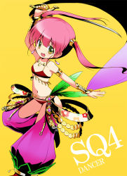 Rule 34 | 1girl, armlet, atlus, bare shoulders, bikini, chaps, dancer (sekaiju), earrings, etrian odyssey, flat chest, green eyes, jewelry, looking at viewer, mocchisake, navel, open mouth, pink hair, sekaiju no meikyuu, sekaiju no meikyuu 4, smile, solo, swimsuit, sword, twintails, weapon