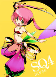 Rule 34 | 1girl, armlet, atlus, bare shoulders, bikini, chaps, dancer (sekaiju), dancer 2 (sekaiju), earrings, etrian odyssey, female focus, flat chest, green eyes, jewelry, looking at viewer, mocchisake, navel, open mouth, pink hair, sekaiju no meikyuu, sekaiju no meikyuu 4, smile, solo, swimsuit, sword, twintails, weapon