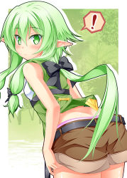 Rule 34 | !, 10s, 1girl, anni minto, bare shoulders, belt, black bow, blush, bow, goblin slayer!, green eyes, green hair, hair bow, half-closed eyes, high elf archer (goblin slayer!), highres, long hair, low ponytail, panties, panty peek, pink panties, pointy ears, shorts, sidelocks, sleeveless, solo, thought bubble, underwear, very long hair