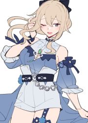 Rule 34 | 1girl, bare shoulders, belt, black belt, black bow, blonde hair, blue eyes, blue flower, blue rose, blue shirt, blue sleeves, blush, bow, brooch, chain, crossed bangs, detached sleeves, do m kaeru, floating hair, flower, genshin impact, grey shorts, hair between eyes, hair bow, high-waist shorts, jean (genshin impact), jean (sea breeze dandelion) (genshin impact), jewelry, long hair, looking at viewer, lower teeth only, official alternate costume, one eye closed, open mouth, ponytail, rose, shirt, shorts, simple background, smile, solo, teeth, white background