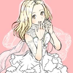 Rule 34 | 1girl, bare shoulders, blonde hair, blush, bouquet, bridal veil, bride, dress, elbow gloves, flower, gloves, highres, jewelry, long hair, octopath traveler, octopath traveler i, ophilia (octopath traveler), rico ot, short hair, simple background, solo, strapless, strapless dress, veil, wedding dress, white dress, white gloves