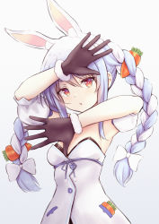 Rule 34 | 1girl, :o, absurdres, animal ear fluff, animal ears, armpits, black gloves, blue hair, blue ribbon, bow, braid, breasts, carrot, carrot hair ornament, detached sleeves, dress, extra ears, eyebrows hidden by hair, food-themed hair ornament, from below, fur trim, gloves, gradient background, hair between eyes, hair bow, hair ornament, highres, hololive, huge filesize, long hair, looking at viewer, multicolored hair, open hand, orange eyes, pikao, pom pom (clothes), puffy short sleeves, puffy sleeves, rabbit-shaped pupils, rabbit ears, rabbit girl, ribbon, short sleeves, sidelocks, silver hair, simple background, small breasts, solo, symbol-shaped pupils, tagme, twin braids, twintails, two-tone hair, upper body, usada pekora, usada pekora (1st costume), virtual youtuber, white background, white bow, white dress