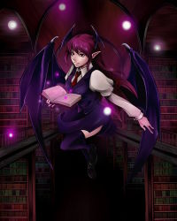 Rule 34 | 1girl, bat wings, black thighhighs, book, bookshelf, breasts, dress shirt, embodiment of scarlet devil, female focus, flying, head wings, hexagram, highres, juliet sleeves, koakuma, library, light particles, long hair, long sleeves, open book, pointy ears, puffy sleeves, red eyes, red hair, shirt, skirt, skirt set, solo, thighhighs, touhou, vest, voile, white shirt, wings, yukichi (bancho99), zettai ryouiki