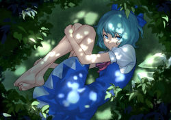 Rule 34 | 1girl, :/, aqua hair, bare legs, barefoot, blue bow, blue dress, blue eyes, blue hair, blue ribbon, bow, cirno, closed mouth, dappled sunlight, dress, fetal position, from above, grass, hair bow, hand on own knee, highres, ice, ice wings, leaf, looking at viewer, losercat, lying, on ground, on side, outdoors, pinafore dress, puffy short sleeves, puffy sleeves, red bow, red neckwear, ribbon, short hair, short sleeves, sleeveless dress, sunlight, touhou, wings