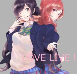 Rule 34 | 10s, 2girls, back-to-back, bad id, bad pixiv id, blazer, bow, breasts, frown, green eyes, jacket, long hair, looking at viewer, looking back, love live!, love live! school idol project, low twintails, multiple girls, nishikino maki, one eye closed, parted lips, purple eyes, purple hair, red hair, saki hajime, school uniform, scrunchie, smile, standing, tojo nozomi, twintails