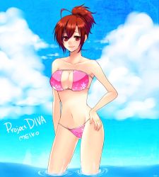 Rule 34 | 1girl, bad id, bad pixiv id, bikini, breasts, brown eyes, brown hair, cleavage, hand on own hip, highres, hip focus, large breasts, meiko (vocaloid), nez-doll, ponytail, project diva, project diva (series), project diva 2nd, short hair, smile, solo, swimsuit, vocaloid