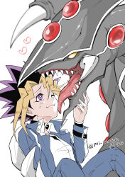 1boy black_choker blonde_hair blue_jacket blue_pants choker claws dragon duel_monster fangs gandora_the_dragon_of_destruction heart jacket mi_manu1950 multicolored_hair muto_yugi one_eye_closed pants purple_eyes shirt simple_background smile sweatdrop white_background white_shirt yellow_eyes yu-gi-oh!