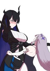 Rule 34 | 2girls, absurdres, asymmetrical horns, black coat, black gloves, black hair, blue hair, blush, breasts, coat, colored inner hair, commentary, constricted pupils, crystal horns, detached sleeves, flat chest, gloves, grey hair, highres, hololive, hololive english, holykoshi, horns, koseki bijou, koseki bijou (1st costume), large breasts, long hair, multicolored hair, multiple girls, nerissa ravencroft, nerissa ravencroft (1st costume), outstretched arms, red eyes, shoulder blades, two-tone hair, uneven horns, very long hair, virtual youtuber, wavy mouth