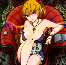 Rule 34 | 1girl, alternate breast size, alternate costume, armchair, bare shoulders, blonde hair, book, bow, breasts, chair, cleavage, collarbone, cross, dress, earrings, flandre scarlet, glowing, glowing weapon, hair bow, highres, jewelry, large breasts, looking at viewer, nail polish, necklace, aged up, open book, pendant, pillow, pocket watch, pointy ears, ponytail, purple dress, red eyes, red nails, reri, revision, side ponytail, sitting, skull, solo, strapless, strapless dress, tongue, tongue out, touhou, watch, weapon