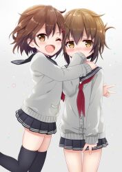 Rule 34 | 2girls, azuki yui, black sailor collar, black skirt, black thighhighs, blush, brown eyes, brown hair, child, covering own mouth, fang, grey background, grey sweater, hair ornament, hairclip, hug, ikazuchi (kancolle), inazuma (kancolle), kantai collection, multiple girls, neckerchief, one eye closed, open mouth, pleated skirt, red neckerchief, sailor collar, school uniform, short hair, skirt, sleeves past fingers, sleeves past wrists, sweater, thighhighs, v