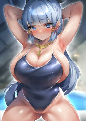 Rule 34 | 1girl, armpits, arms behind head, arms up, ayaka (genshin impact), blue eyes, blue hair, blue one-piece swimsuit, blunt bangs, blush, breasts, cleavage, genshin impact, hair ornament, highleg, highleg swimsuit, highres, huge breasts, jewelry, light blue hair, long hair, looking at viewer, neck ring, one-piece swimsuit, ponytail, school swimsuit, sideboob, sidelocks, skindentation, solo, sugihara (sugihara2000), swimsuit, thighs