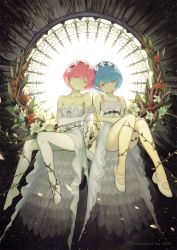 Rule 34 | 10s, 2girls, alternate breast size, arm at side, artist name, backlighting, bare shoulders, blue hair, blunt bangs, bob cut, bound, bound arms, bound legs, breasts, collarbone, dress, elbow gloves, eyes visible through hair, flat chest, flower, frilled dress, frills, full body, gloves, hair ribbon, hairband, head tilt, leaf, light particles, lily (flower), looking at viewer, multiple girls, no shoes, palms, pantyhose, pink hair, plant, ram (re:zero), re:zero kara hajimeru isekai seikatsu, red flower, red rose, rem (re:zero), restrained, ribbon, rose, sdr1989, shoes, short hair, siblings, side-by-side, sisters, sitting, sleeveless, sleeveless dress, small breasts, smile, strapless, strapless dress, symmetrical hand pose, twins, vines, white dress, white flower, white footwear, white gloves
