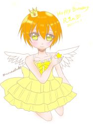 Rule 34 | 1girl, artist name, artist request, bare legs, bare shoulders, bow, bowtie, breasts, collarbone, crown, dress, female focus, green eyes, hair between eyes, highres, hoshizora rin, looking at viewer, love live!, love live! school idol project, mini crown, miniskirt, orange hair, parted lips, plaid, plaid dress, plaid skirt, pleated, pleated dress, pleated skirt, short hair, skirt, sleeveless, sleeveless dress, small breasts, smile, solo, star (symbol), white background, white wings, wings, yellow bow, yellow dress, yellow eyes, yellow skirt