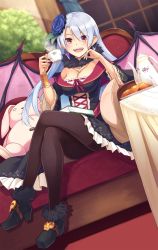 Rule 34 | 1girl, bare shoulders, bat wings, black pantyhose, blue hair, blurry, blush, book, boots, breasts, brown pantyhose, cleavage, cookie, crossed legs, cup, depth of field, dress, dutch angle, earrings, eyes visible through hair, female focus, flower, food, frills, fur trim, hair between eyes, hair flower, hair ornament, head rest, high heel boots, high heels, highres, jewelry, long hair, looking at viewer, necklace, open mouth, oyaji-sou, pantyhose, plate, pointy ears, purple eyes, silver hair, sitting, smile, solo, stuffed animal, stuffed rabbit, stuffed toy, teacup, teapot, wings