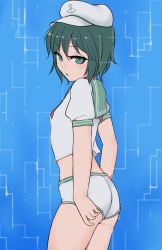 Rule 34 | 1girl, adjusting clothes, adjusting shorts, anchor symbol, arms at sides, ass, bare arms, bare legs, bright pupils, cowboy shot, expressionless, from side, green eyes, green hair, half-closed eyes, hat, looking at viewer, marsen, midriff, murasa minamitsu, parted lips, ringed eyes, sailor, sailor collar, sailor hat, shirt, short hair, short shorts, short sleeves, shorts, sideways glance, solo, standing, stomach, touhou, white pupils