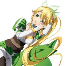 Rule 34 | :d, blonde hair, blush, bracelet, braid, breasts, cleavage, dutch angle, green eyes, hair between eyes, hair ornament, jewelry, large breasts, leafa, long hair, looking at viewer, lying, on side, open mouth, pants, ponytail, smile, sword art online, transparent background, twin braids, very long hair, white pants